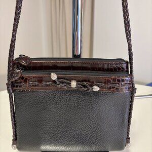 Brighton Purse Organizer Leather Crossbody Braided Strap Brown Black Vintage